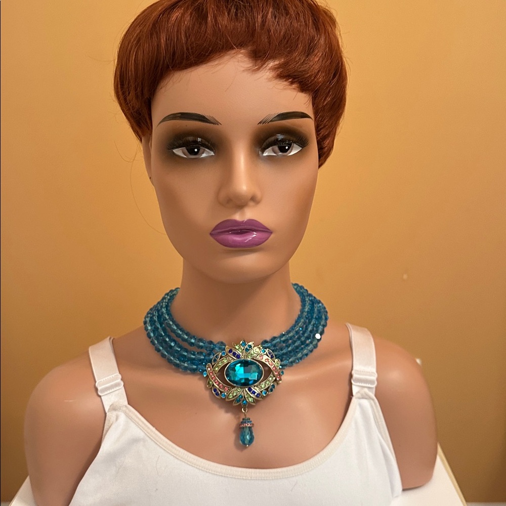 Blue Beaded Statement Necklace with Crystal Pendant